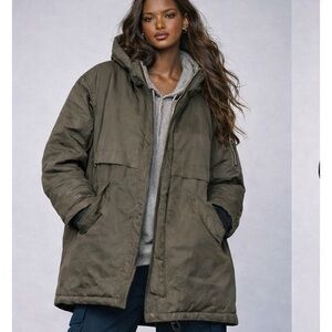 H&M Greyish Green Padded Parka Coat Size L
